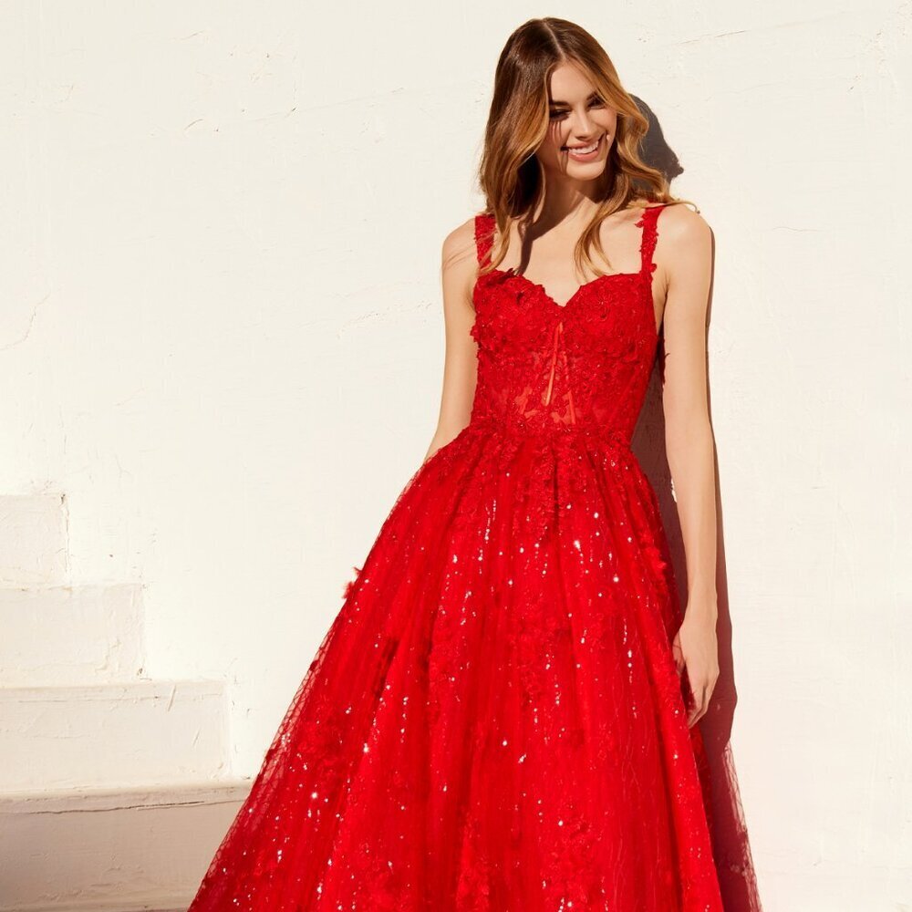 NEW SLEEVELESS A-LINE FLORAL LACE EMBELLISHED PROM DRESS W/ LACE UP BACK JT2495A